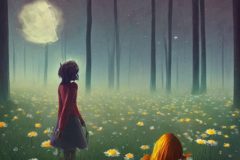 Image similar to giant daisy flower as face, girl walking in forest, surreal photography, dark night, stars, moon light, impressionist painting, clouds, digital painting, artstation, simon stalenhag