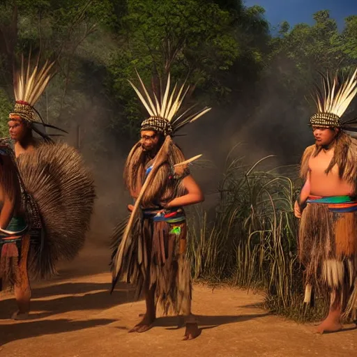 Image similar to south american native tribe in a report for a french tv, ultra detailed, photorealistic, dynamic light, cinematic