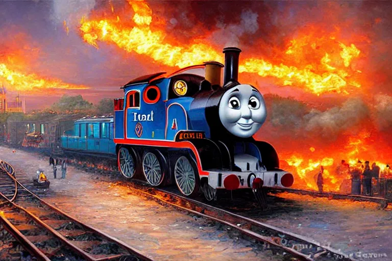 Prompt: portrait thomas the tank engine on fire rolling through london, an oil painting by ross tran and thomas kincade