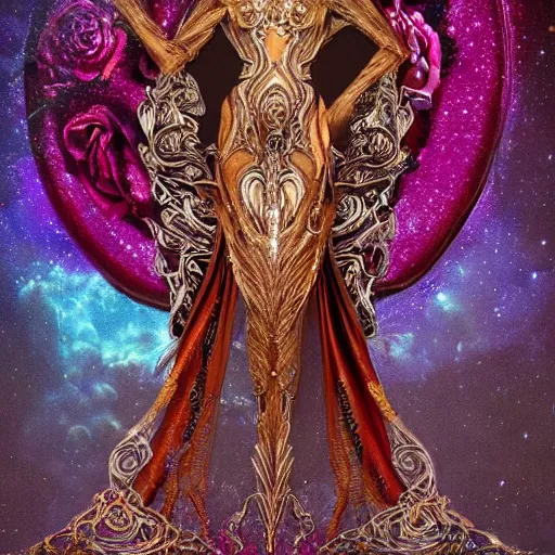 Image similar to beautiful zendaya in a cosmic dress, full-body, ornate, rococo, grotesque, zbrush art, majestic, organics, silver filigree, colorful, dark fantasy, celtic knot, anatomical, h r giger style, moebius, frank frazetta, ornate, art nouveau, symmetrical, turquoise jewelry, red smoke, roses, unbiased render, rotten, Emil melmoth, eerie, macabre, haunting + insanely detailed and intricate, floral, faded pink, hypermaximalist, elegant, vintage, hyper realistic, super detailed, pastel colors,