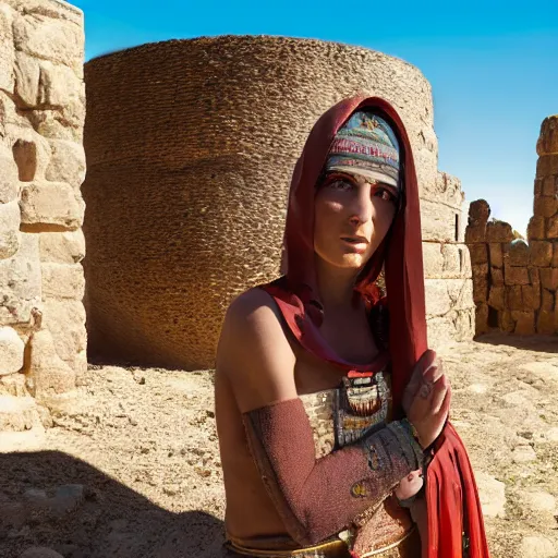 Prompt: 25 year old Mediterranean skinned woman in ancient Canaanite clothing next to an ancient well, 8k resolution, hyper detailed