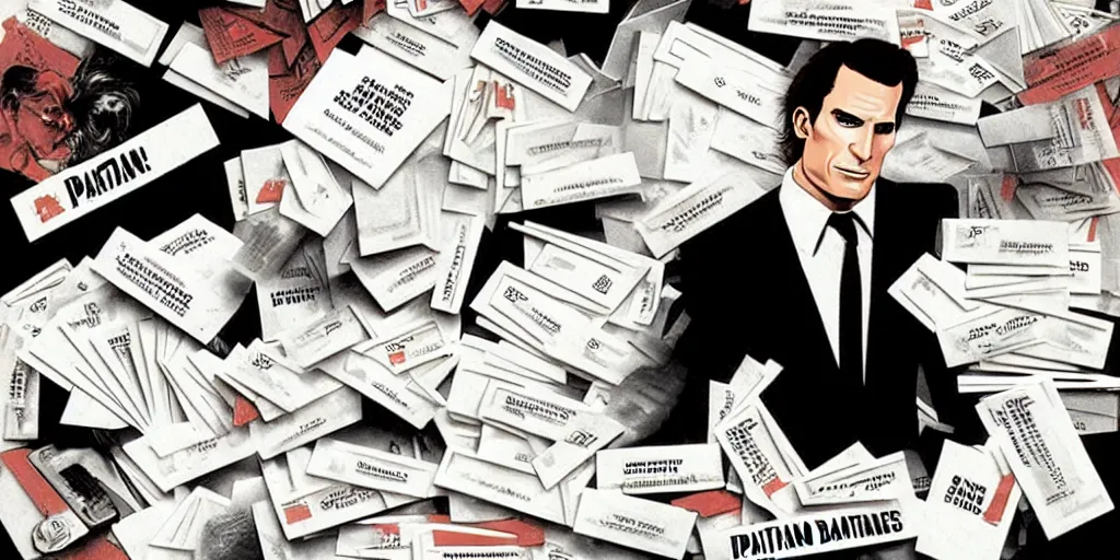 Image similar to patrick bateman, detailed fantasy art, stacks of business cards, 8 0's office