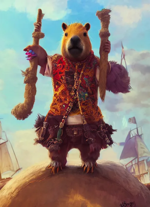 Prompt: detailed full body concept art illustration matte painting of a cute anthropomorphic capybara as a pirate in full intricate colorful clothing, ultra detailed, digital art, octane render, 8K, dystopian, biomutant, micro details