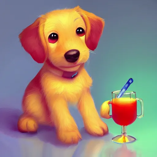 Image similar to cute puppy drinking juice, masterpiece, colorful ambient lighting, smooth shading, 8k, cinematic lighting, highly detailed, digital painting, artstation, smooth, sharp focus, illustration, digital illustration, by Pixar