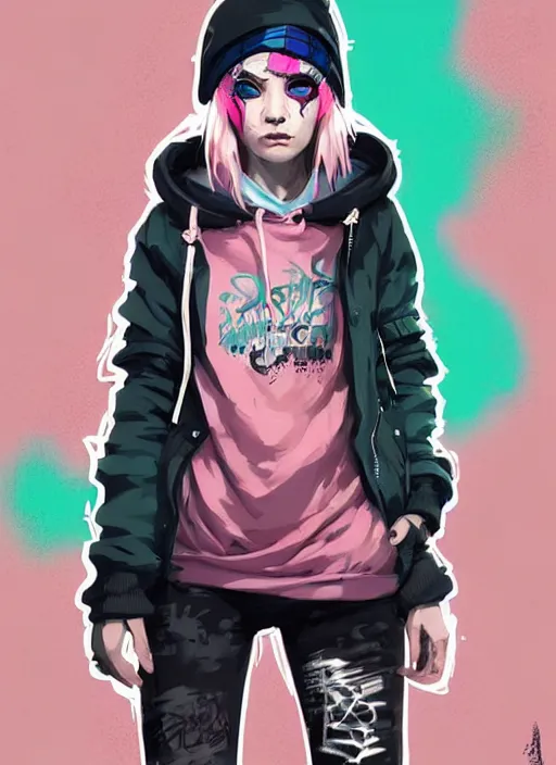 Image similar to highly detailed portrait of a sewer punk lady student, blue eyes, tartan hoody, pink hair by atey ghailan, by greg rutkowski, by greg tocchini, by james gilleard, by joe fenton, by kaethe butcher, gradient green, black, brown and magenta color scheme, grunge aesthetic!!! ( ( graffiti tag wall background ) )