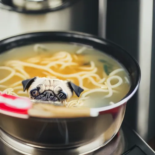 Image similar to An adorable pug sitting in a pot of ramen noodle soup atop a stove, high resolution photograph