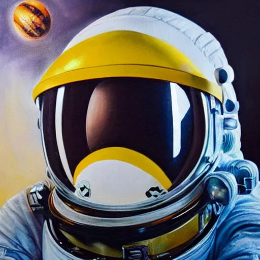 Image similar to oil painting of a big bee face in a astronaut suit with helmet, 35mm, photo, Epic, cinematic, highly detailed and intricate