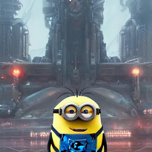 Image similar to Minion from the minion movie in a Starcitizen loading screen, intricate, dystopian, fantasy, extremely detailed, digital painting, artstation, concept art, smooth, sharp focus, illustration, stark lighting, incredible art by artgerm and greg rutkowski and alphonse mucha and simon stalenhag