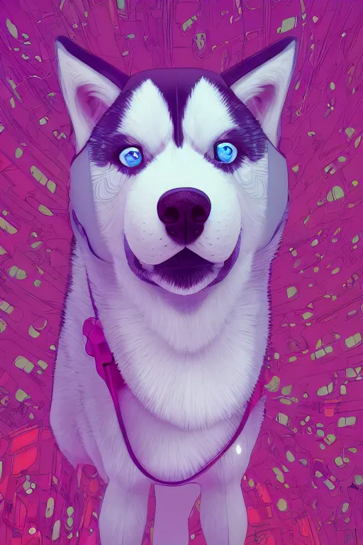 Prompt: Adorably cute Husky dog, artstation winner by Victo Ngai, Kilian Eng and by Jake Parker, swirly vibrant color lines, winning-award masterpiece, fantastically gaudy, aesthetic octane render, 8K HD Resolution