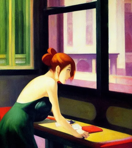 Image similar to edward hopper painting of an anime woman