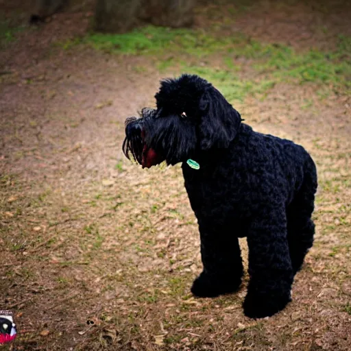 Image similar to black goldendoodle dog, wearing pimp suit