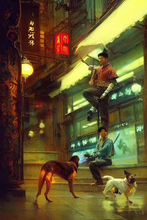 Image similar to dog, wuxia, neon light, painting by gaston bussiere, craig mullins, j. c. leyendecker