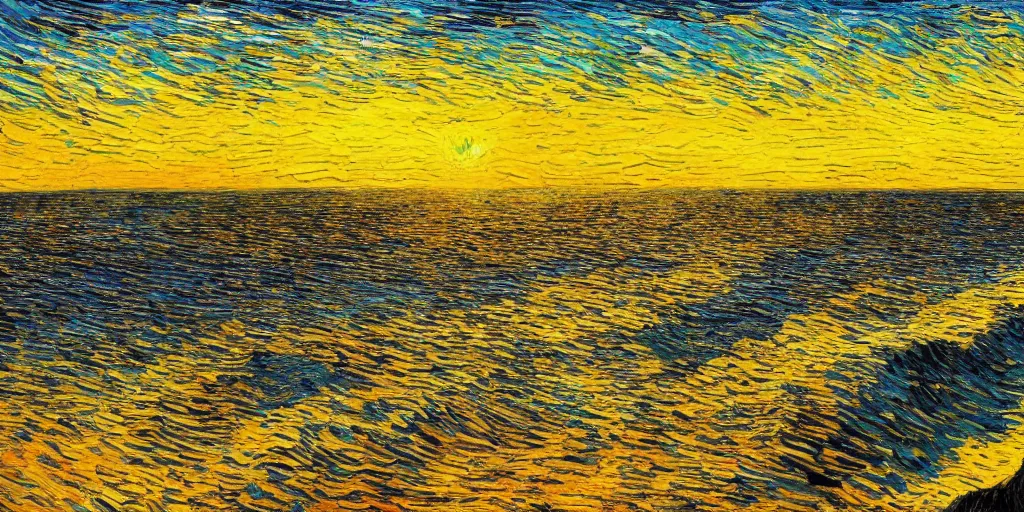 Image similar to a beach between two valley, by Salvador Dali and Van Gogh collaboration, sun set, digital art, high details, drone wide shot