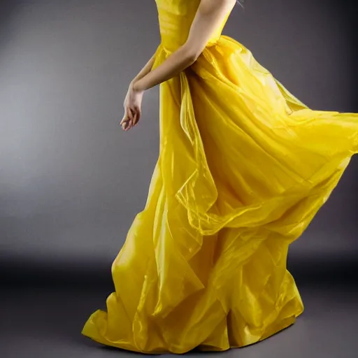 Prompt: a woman in a yellow organza dress dancing, ultra realistic, intricate, elegant, highly detailed, studio photo, smooth, sharp, focus,