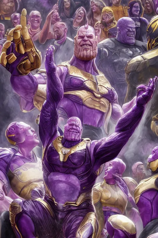 Prompt: Thanos happily cheering in the stands at a football game oil on canvas, intricate, portrait, 8k highly professionally detailed, HDR, CGsociety