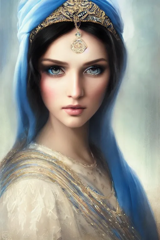 Image similar to arab Ameera al-Taweel, bright blue eyes, long wavy black hair, white veil, closeup, focus face, elegant, highly detailed, centered, oil painting, artstation, concept art by tom bagshaw