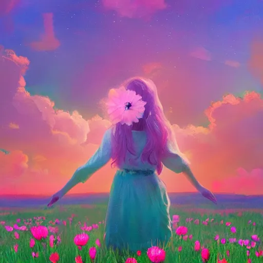 Prompt: girl with a flower face, surreal photography, dream, standing in flower field, magical, in a valley, sunrise dramatic light, impressionist painting, colorful clouds, artstation, simon stalenhag, flower face