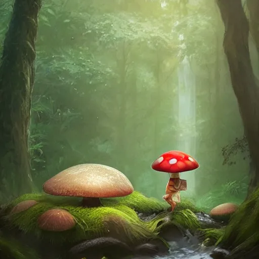 Prompt: a tiny mushroom person with a mushroom for a head walking by a stream in a lush forest. dramatic lighting cgsociety masterpiece, artstation trending, by rossdraws, ghibli, Kimi no Na wa, greg rutkowski, 4k, digital art, concept art, trending on artstation