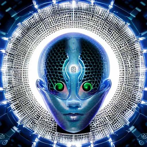 Image similar to an insanely detailed cibernetic artwork of a futuristic artificial intelligence superstar, centered image, perfectly symmetrical alien face, with frames made of detailed fractals, octsne render, 4k, insanely detailed, detailed grid as background, cgi