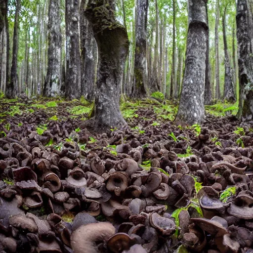 Image similar to a sharp photograph of a clump of rocky road ice cream cones growing in the deep lush forest like mushrooms. Shallow depth-of-field, dramatic light