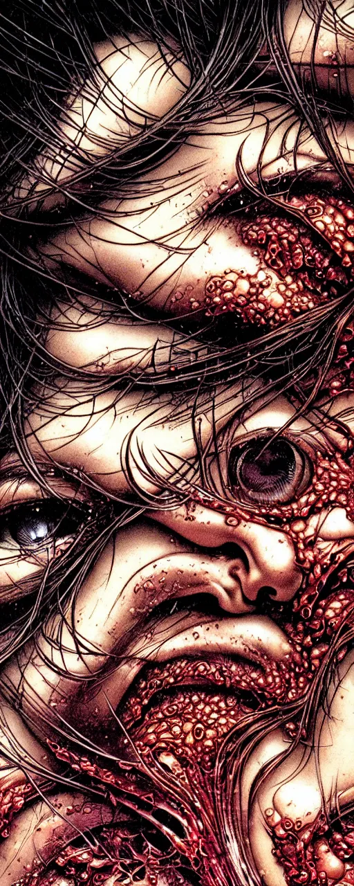 Image similar to closeup of face melting in agony, inside a frame on a tiled wall, frontal picture, by yoichi hatakenaka, masamune shirow, josan gonzales and dan mumford, ayami kojima, takato yamamoto, karol bak