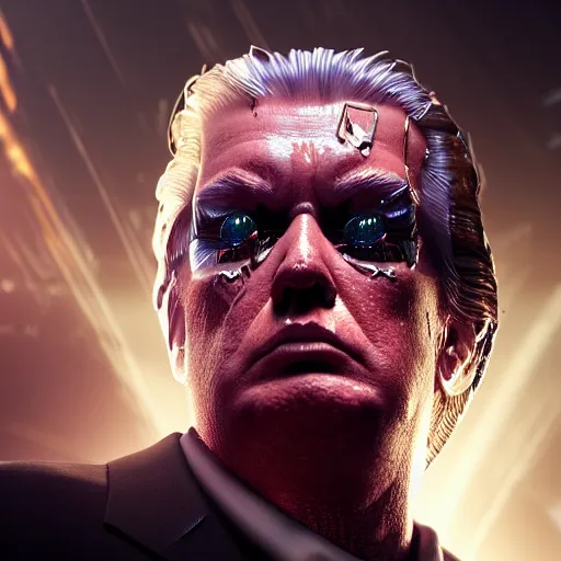 Prompt: donald trump as the terminator full body detailed, ethereal, cyborg biomechanics, covered in blood diamonds and other gems glowing, highly detailed face, evil posed, evil expression, intricate, extremy detailed, beeple, cgsociety, 3 d unreal engine octane render. cinematic lighting, highly detailed 4 k art