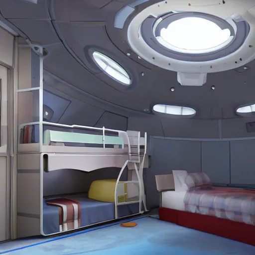 Image similar to bedRoom of a spacecraft, with a bunk bed, photo realistic, playing, CGI, Unreal Engine, Hdri