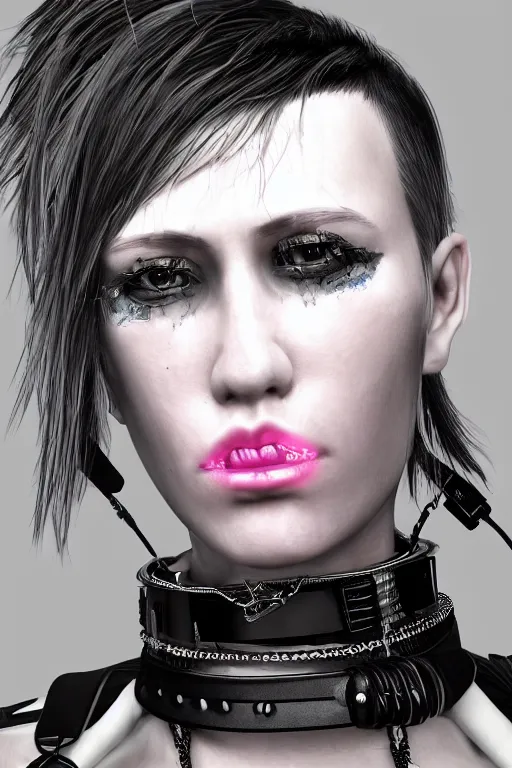 Prompt: detailed realistic female rock star cyberpunk wearing technological collar around neck, realistic, art, beautiful, 4K, collar, choker, collar around neck, punk, artstation, detailed, female, woman, choker, cyberpunk, neon, punk, collar, choker, collar around neck, thick collar, tight around neck, punk,