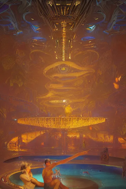 Image similar to Concept Digital Art Highly detailed Alien Art Deco Riza 4 lazy river inside of the Vosian Opera with glowing orange water at midnight, starfleet, by greg rutkowski, Ilya repin, alphonse mucha, and Edmund Blair Leighton. Very highly detailed 8K, exquisite rendering, octane, drum scanner, Digital painting, the golden ratio, rational painting, sharp