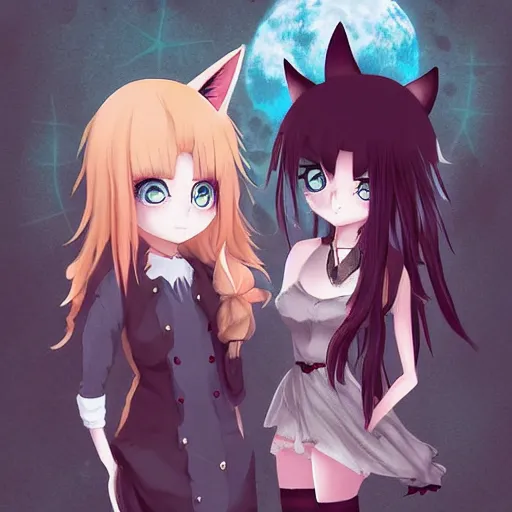 Prompt: fox girl and coyote man goth anime by wlop