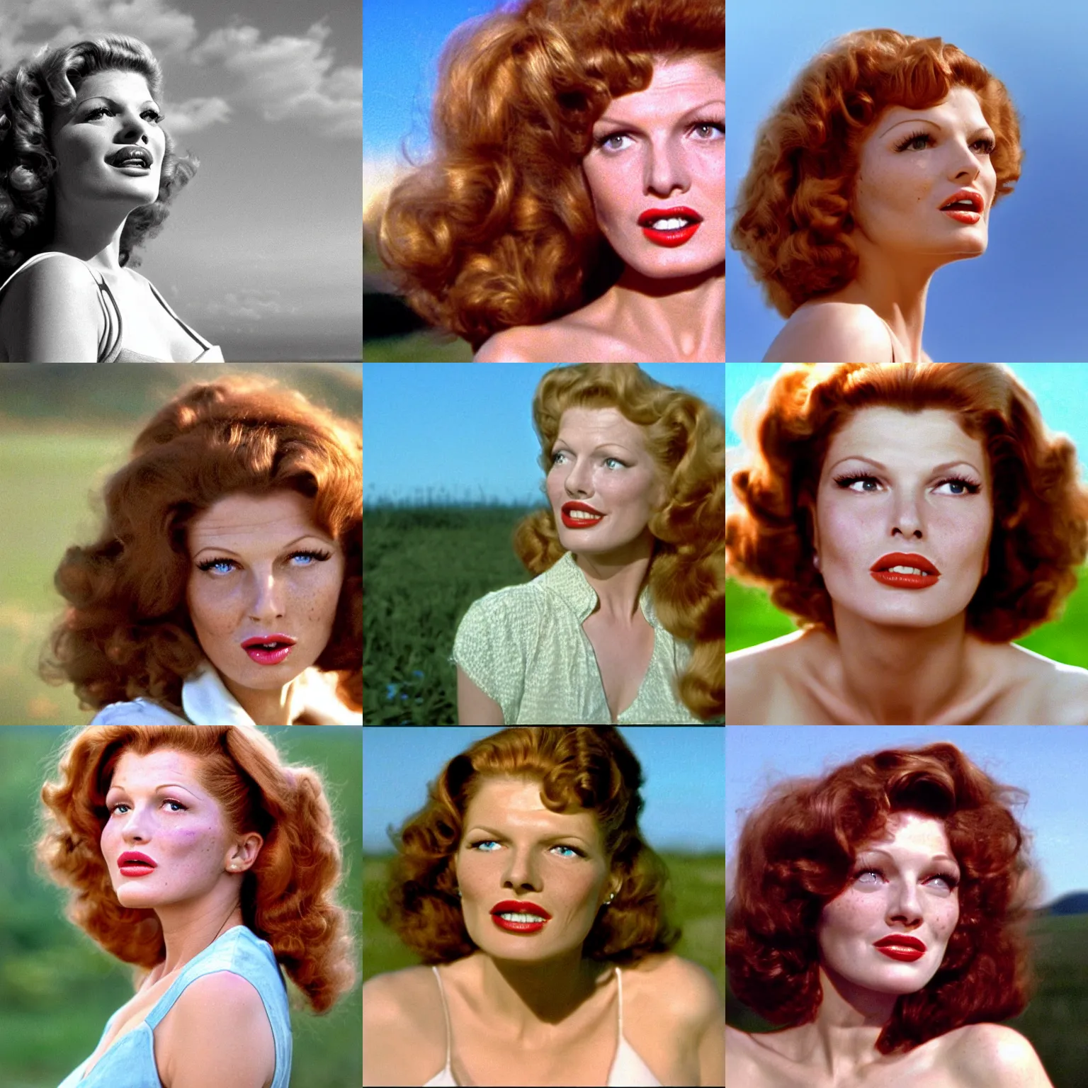 Image similar to natural 8 k shot from a 2 0 0 5 romantic comedy by sam mendes of rita hayworth with natural face, freckles, natural skin, beauty spots and very small lips. she stands and looks on the horizon with winds moving her hair. fuzzy blue sky in the background. small details, natural lighting, 2 4 mm lenses, sharp focus
