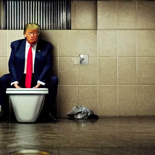 Image similar to a disheveled Donald Trump crying profusely in prison clothing sitting on a toilet in prison. wide angle. The floor is covered in garbage. candid photograph.