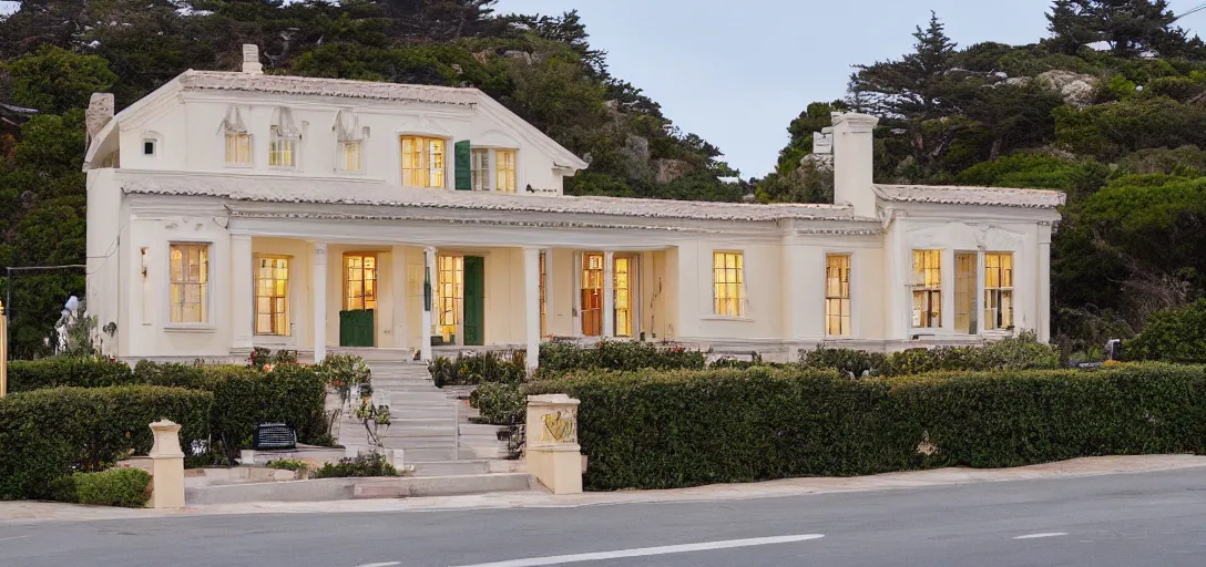 Image similar to exterior of house designed by wes anderson. monterey, ca. 2 0 2 2. 8 k.