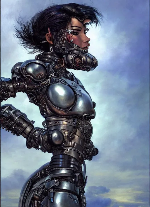 Image similar to symmetry!! closeup! of a pirate biker girl, cyborg armor, in clouds, cinematic light, windy, sunrise, by gerald brom, by mikhail vrubel, by peter elson, muted colors, extreme detail, trending on artstation, 8 k