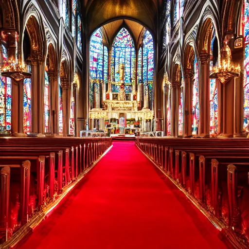 Prompt: a church with a red carpet and chandeliers, a colorized photo by pacita abad, shutterstock contest winner, baroque, sanctuary, ornate, colorized