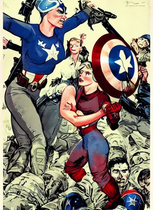 Image similar to beautiful female captain america standing on a pile of defeated, beaten and broken german soldiers. feminist captain america wins wwii. american wwii propaganda poster by james gurney. gorgeous face. overwatch. ralph bakshi and frank miller