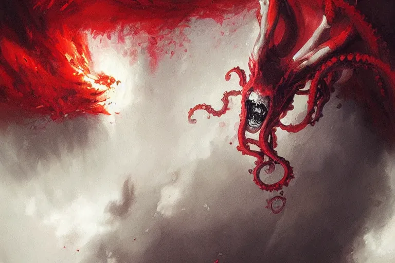 Image similar to painting by greg rutkowski of a flying crying human head and face that is chalk white in color, with tentacles coming of the neck, fiery red eyes, flying in a terrying hell like cavernous place