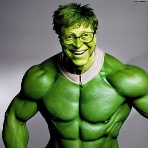 Image similar to bill gates cosplaying as the hulk, muscly bill gates wearing a hulk costume, bill gates jacked beefy cosplay award winner