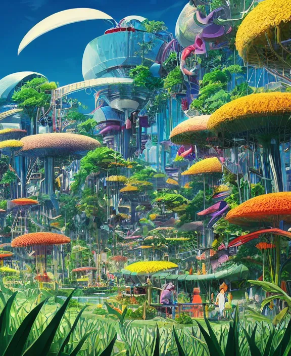 Image similar to simplicity, an amusement park made out of sleek organic creatures, in the style of an aerodynamic spaceship, overgrown with orchids, partly cloudy, sun - drenched, by dan mumford, yusuke murata, makoto shinkai, ross tran, cinematic, unreal engine, cel shaded, featured on artstation, pixiv