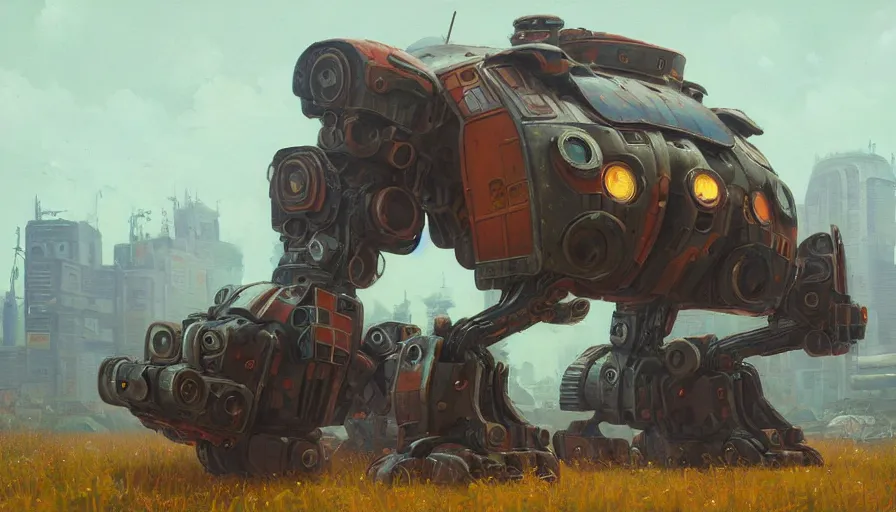 Prompt: an intricate oil painting of a giant scrap metal anime armored tank humanoid mecha with rounded components by simon stalenhag