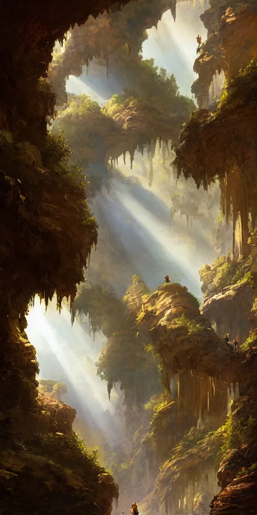 Image similar to detailed interior of natural caves, light shafts, monks, stunning atmosphere, by asher brown durand, inspired by greg rutkowski, inspired by peter mohrbacher,