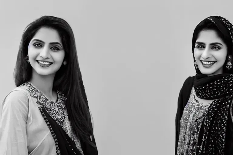 Image similar to still photo of a beautiful pakistani woman smiling at the camera on the street, black and white color aesthetic, highly detailed, photorealistic portrait, bright studio setting, studio lighting, crisp quality and light reflections, unreal engine 5 quality render