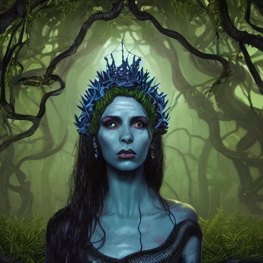 Image similar to dramatic portrait of the dark queen of snakes wearing a crown of snakes, blue skin, realism, dark fantasy illustration, surrounded by vines in a dead forest, dynamic lighting, octane render, artstation