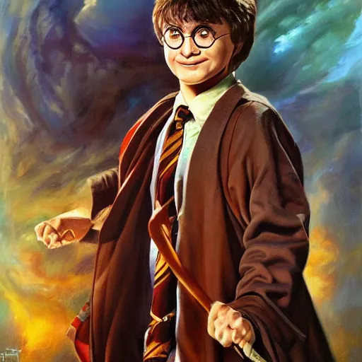 Image similar to detailed portrait of harry potter if his parents lived intricate, hyper detailed, realistic, oil painting, by julie bell, frank frazetta, cinematic lighting