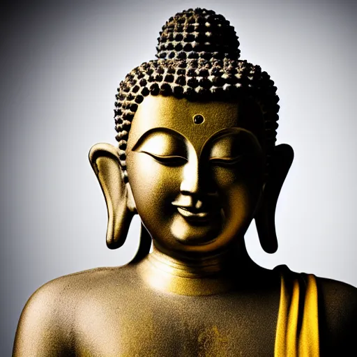 Image similar to studio portrait photo of the buddha, as a real human woman, studio lighting, smiling, mid-shot, portrait photography