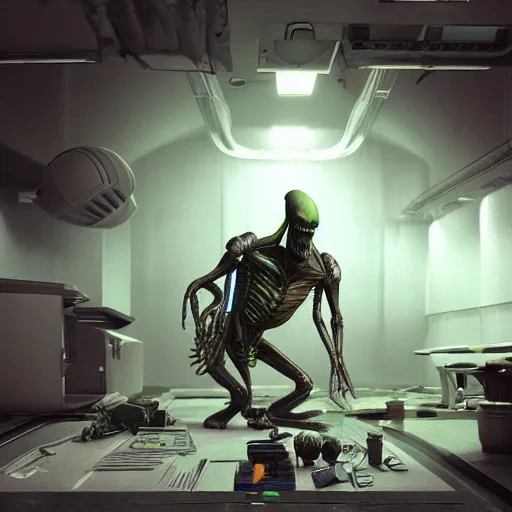 Prompt: alien xenomorph flashed by light, found footage, spaceship mess hall, photorealistic