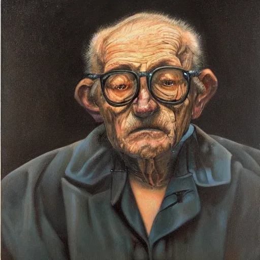 Image similar to macabre magic realism portrait old man sitting in chair : : oil painting by ivan albright