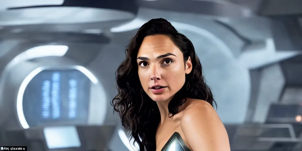 Image similar to Gal Gadot, in full starfleet uniform, is the captain of the starship Enterprise in the new Star Trek movie