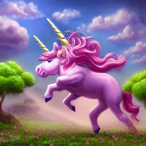 Image similar to a pinkish, purplish, unicorn frolicking, in a field of 4 leaf clovers, being ridden by a leprechaun, being chased by a sasquatch, diffuse lighting, fantasy, intricate, elegant, highly detailed, lifelike, photorealistic, digital painting, artstation, illustration, concept art, smooth, sharp focus, art by John Collier and Albert Aublet and Krenz Cushart and Artem Demura and Alphonse Mucha