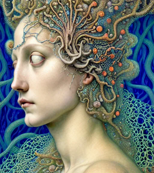 Image similar to detailed realistic beautiful reef goddess face portrait by jean delville, gustave dore, iris van herpen and marco mazzoni, art forms of nature by ernst haeckel, art nouveau, symbolist, visionary, gothic, neo - gothic, pre - raphaelite, fractal lace, intricate alien botanicals, ai biodiversity, surreality, hyperdetailed ultrasharp octane render